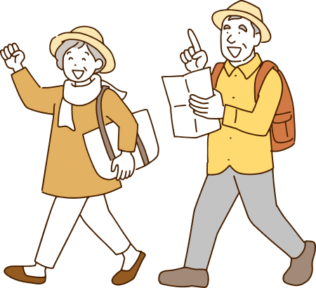 老夫婦がハイキングを楽しんでいるイラスト