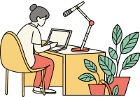 デスクに座り、ノートパソコンを操作している女性のイラスト。机の上にはマイクと観葉植物が置かれている